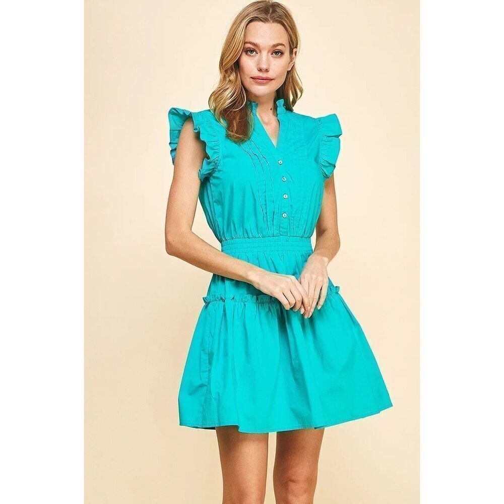 NWT Pinch Womens Smock Waist Ruffle Mini Dress Green Blue Size Large